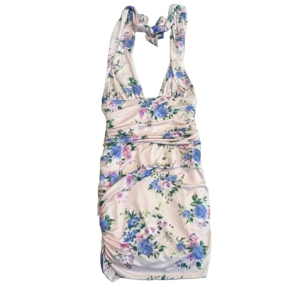 Zara pastel pink floral flower ruched halter top bodycon mini dress Sz XS